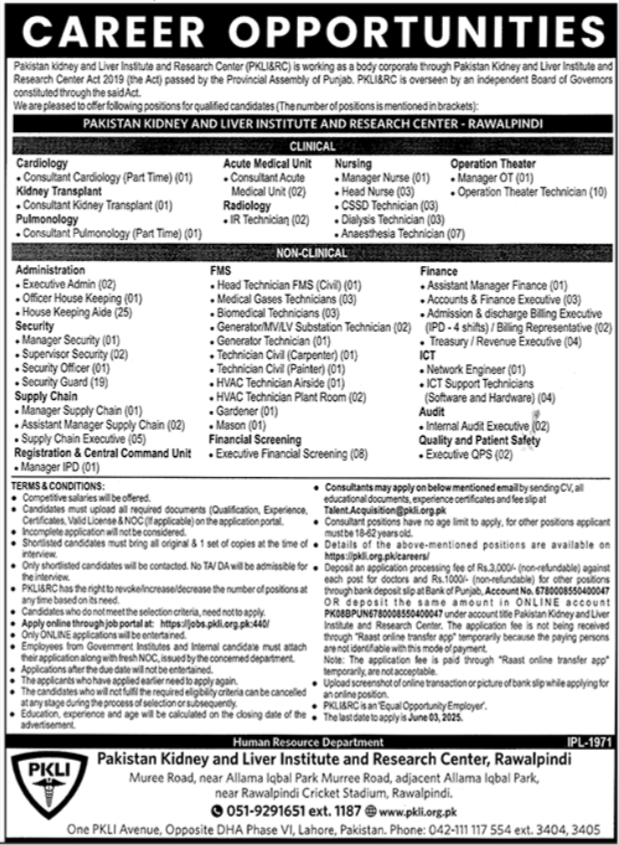Pakistan Kidney And Liver Institute And Research Centre PKLI Jobs