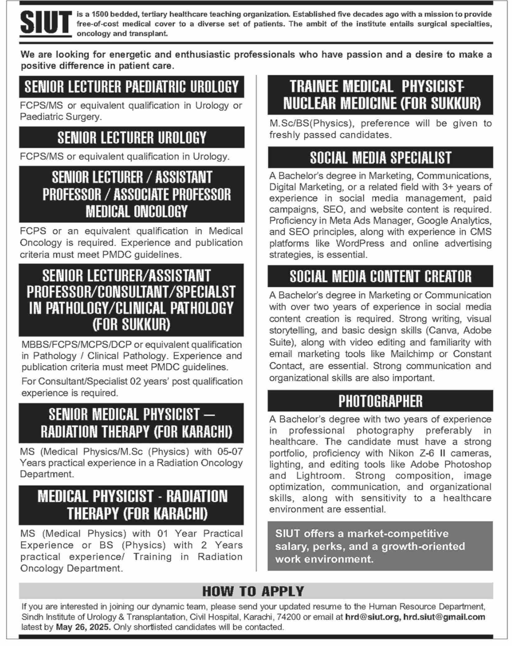Sindh Institute of Urology and Transplantation SIUT Jobs