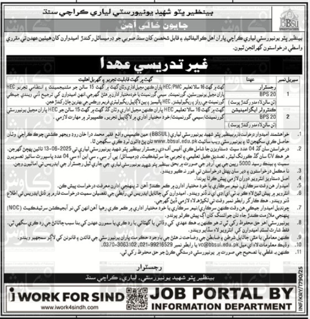 Benazir Bhutto Shaheed University Lyari Jobs