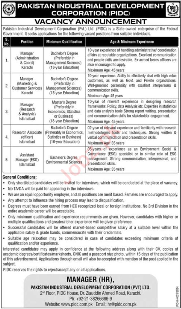 Pakistan Industrial Development Corporation PIDC Jobs
